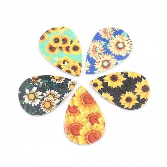 Изображение PU Leather Pendants Drop Multicolor Sunflower 57mm x 37mm, 10 PCs