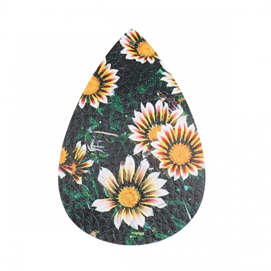 Picture of PU Leather Pendants Drop Black & Yellow Sunflower 57mm x 37mm, 10 PCs