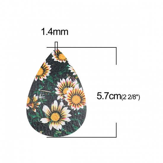 Picture of PU Leather Pendants Drop Black & Yellow Sunflower 57mm x 37mm, 10 PCs