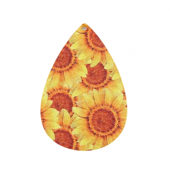Изображение PU Leather Pendants Drop Orange Sunflower 57mm x 37mm, 10 PCs