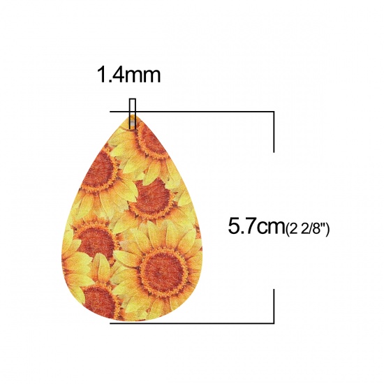 Изображение PU Leather Pendants Drop Orange Sunflower 57mm x 37mm, 10 PCs