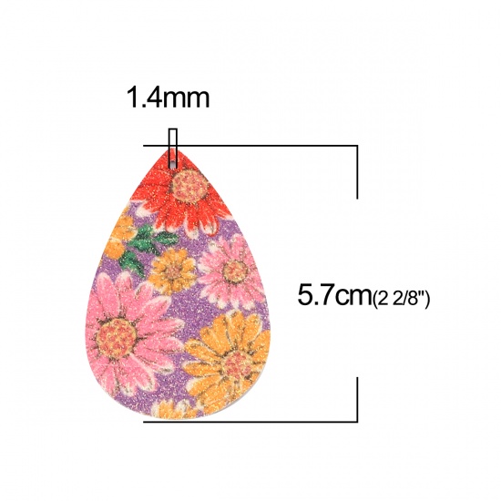 Immagine di PU Leather Pendants Drop Multicolor Sunflower Glitter 57mm x 37mm, 10 PCs