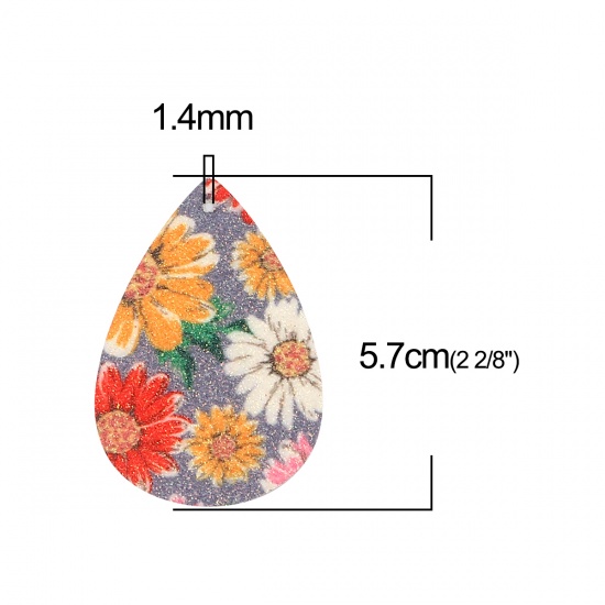 Изображение PU Leather Pendants Drop Multicolor Sunflower Glitter 57mm x 37mm, 10 PCs