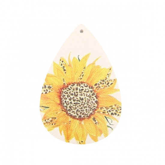 Picture of PU Leather Pendants Drop White & Yellow Sunflower 57mm x 37mm, 5 PCs