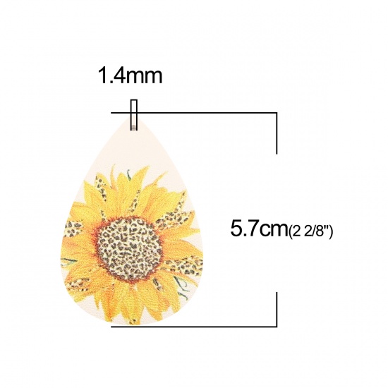 Immagine di PU Leather Pendants Drop White & Yellow Sunflower 57mm x 37mm, 5 PCs