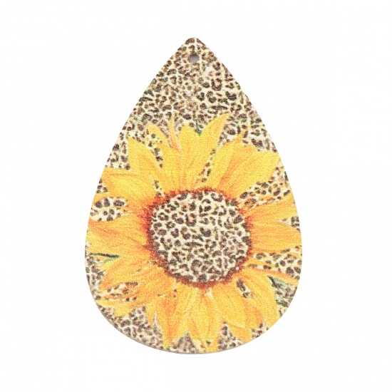 Изображение PU Leather Pendants Drop Brown Yellow Sunflower 57mm x 37mm, 5 PCs
