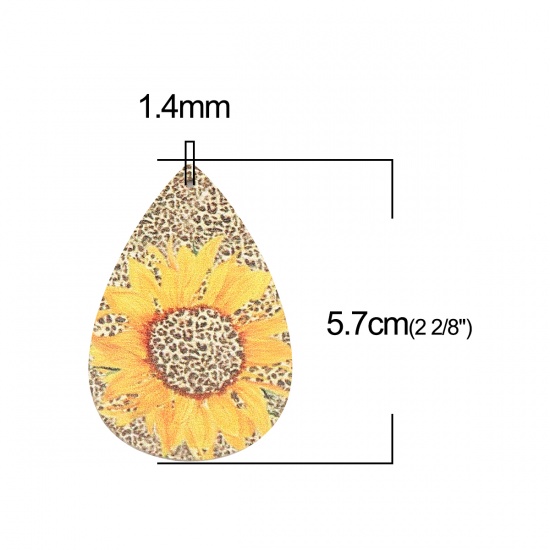 Изображение PU Leather Pendants Drop Brown Yellow Sunflower 57mm x 37mm, 5 PCs