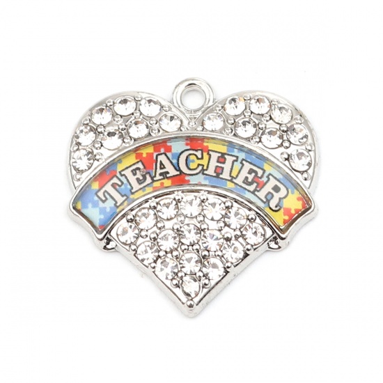 Immagine di Zinc Based Alloy Medical Charms Heart Silver Tone Multicolor Jigsaw Message " Teacher " Enamel Clear Rhinestone 24mm x 24mm, 1 Piece