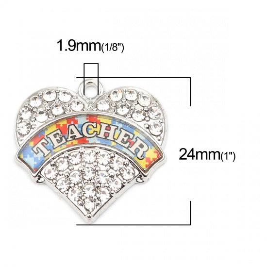 Immagine di Zinc Based Alloy Medical Charms Heart Silver Tone Multicolor Jigsaw Message " Teacher " Enamel Clear Rhinestone 24mm x 24mm, 1 Piece