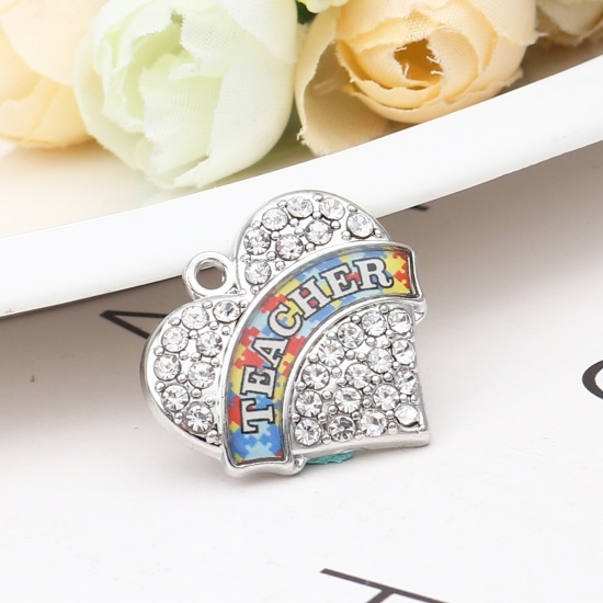 Immagine di Zinc Based Alloy Medical Charms Heart Silver Tone Multicolor Jigsaw Message " Teacher " Enamel Clear Rhinestone 24mm x 24mm, 1 Piece