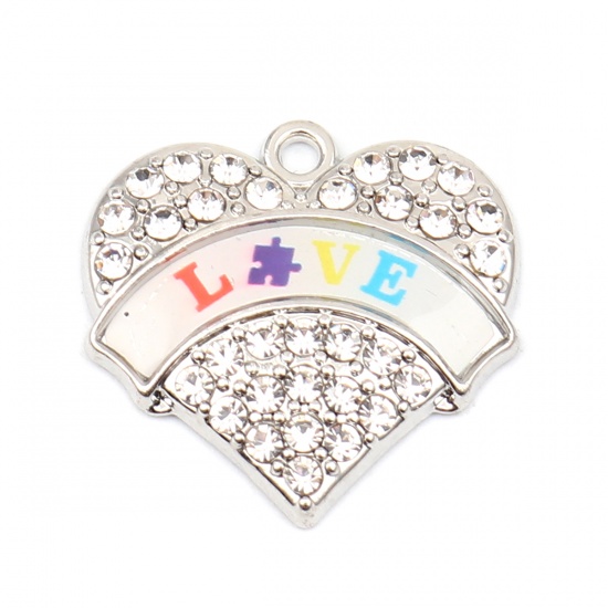 Immagine di Zinc Based Alloy Medical Charms Heart Silver Tone Multicolor Jigsaw Message " LOVE " Enamel Clear Rhinestone 24mm x 24mm, 1 Piece