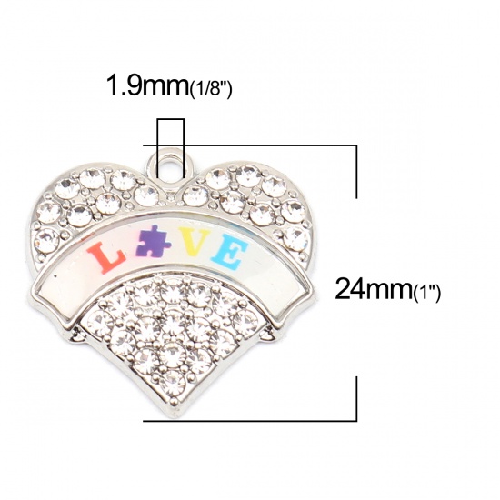 Immagine di Zinc Based Alloy Medical Charms Heart Silver Tone Multicolor Jigsaw Message " LOVE " Enamel Clear Rhinestone 24mm x 24mm, 1 Piece