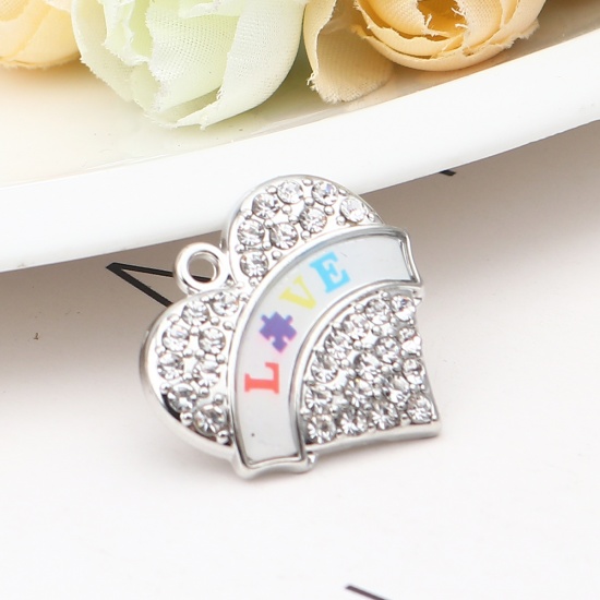 Immagine di Zinc Based Alloy Medical Charms Heart Silver Tone Multicolor Jigsaw Message " LOVE " Enamel Clear Rhinestone 24mm x 24mm, 1 Piece