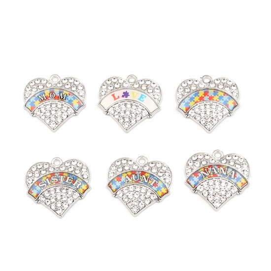 Immagine di Zinc Based Alloy Medical Charms Heart Silver Tone Multicolor Jigsaw Message " LOVE " Enamel Clear Rhinestone 24mm x 24mm, 1 Piece