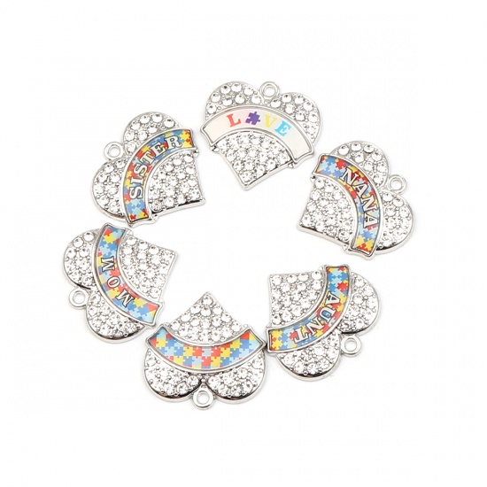 Immagine di Zinc Based Alloy Medical Charms Heart Silver Tone Multicolor Jigsaw Message " LOVE " Enamel Clear Rhinestone 24mm x 24mm, 1 Piece