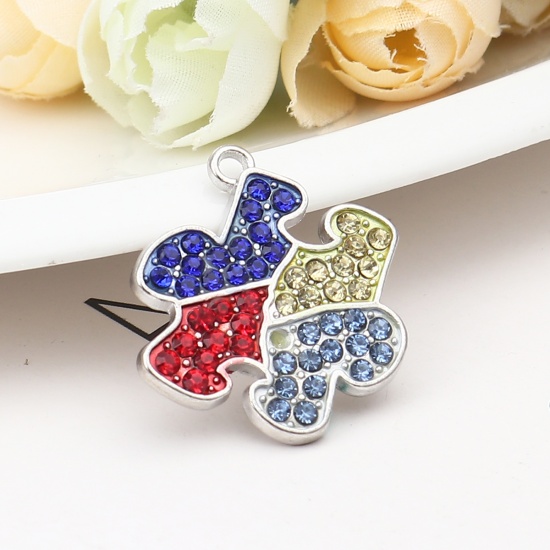 Immagine di Zinc Based Alloy Medical Charms Jigsaw Silver Tone Multicolor Enamel Multicolor Rhinestone 28mm x 27mm, 1 Piece