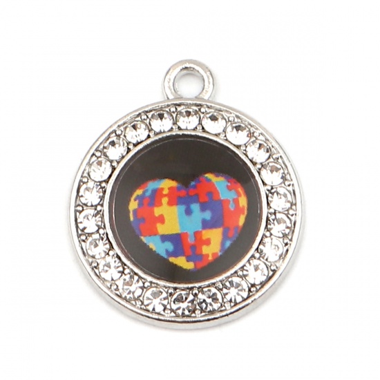 Immagine di Zinc Based Alloy Medical Charms Round Silver Tone Multicolor Jigsaw Enamel Clear Rhinestone 23mm x 20mm, 1 Piece