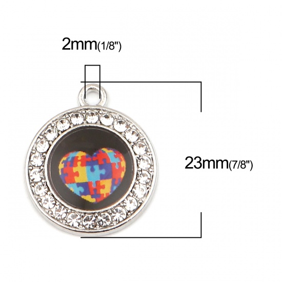 Immagine di Zinc Based Alloy Medical Charms Round Silver Tone Multicolor Jigsaw Enamel Clear Rhinestone 23mm x 20mm, 1 Piece