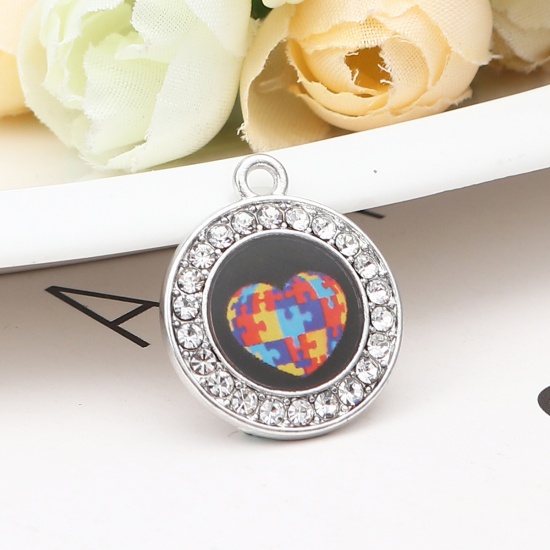 Immagine di Zinc Based Alloy Medical Charms Round Silver Tone Multicolor Jigsaw Enamel Clear Rhinestone 23mm x 20mm, 1 Piece