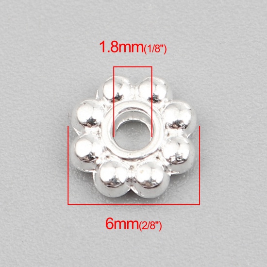 Picture of Zinc Based Alloy Spacer Beads Flower Silver Plated About 6mm x 6mm, Hole: Approx 1.8mm, 300 PCs