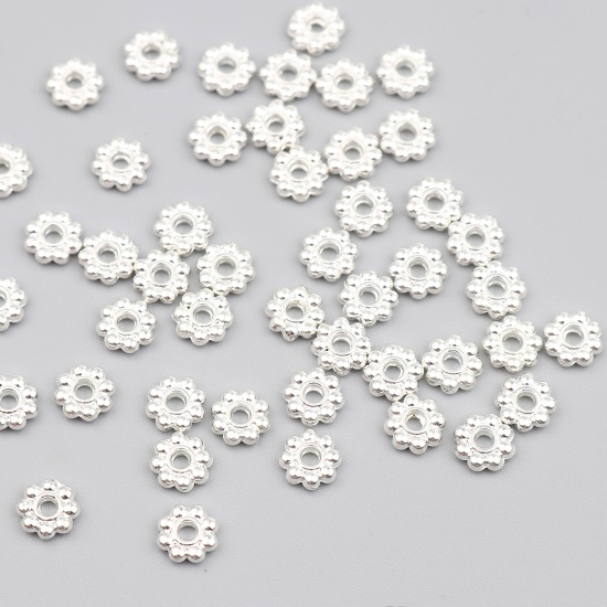 Picture of Zinc Based Alloy Spacer Beads Flower Silver Plated About 6mm x 6mm, Hole: Approx 1.8mm, 300 PCs