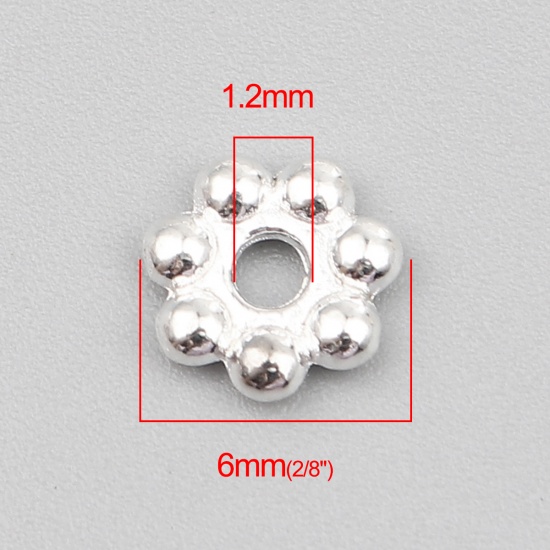 亜鉛合金 スペーサー ビーズ フラワー 銀メッキ 約 6mm x 6mm、 穴：約 1.2mm、 500 個 の画像