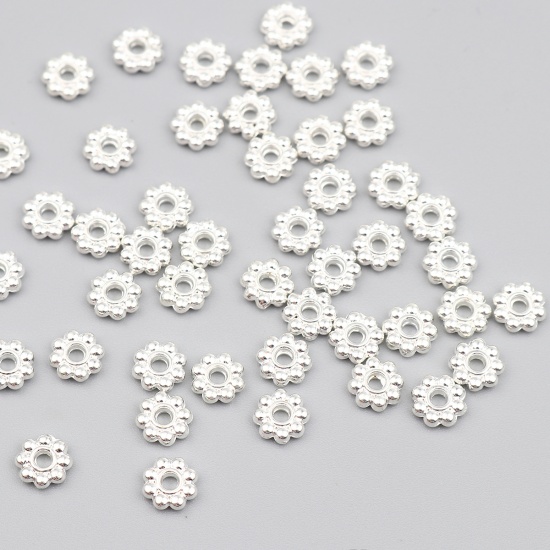 Picture of Zinc Based Alloy Spacer Beads Flower Silver Plated About 5mm x 5mm, Hole: Approx 1.5mm, 500 PCs