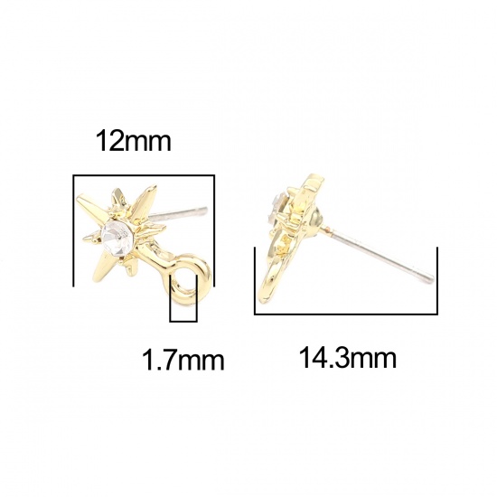 Picture of Galaxy Ear Post Stud Earrings Findings Star Gold Plated W/ Loop Clear Rhinestone 12mm x 9mm, Post/ Wire Size: (21 gauge), 6 PCs