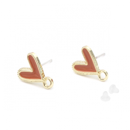 Picture of Valentine's Day Ear Post Stud Earrings Findings Heart Gold Plated Orange W/ Loop 13mm x 10mm, Post/ Wire Size: (21 gauge), 6 PCs