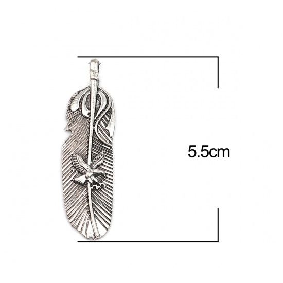 Image de Pendentifs en Alliage de Zinc Plume Argent Vieilli Aigles 55mm x 15mm, 10 Pcs