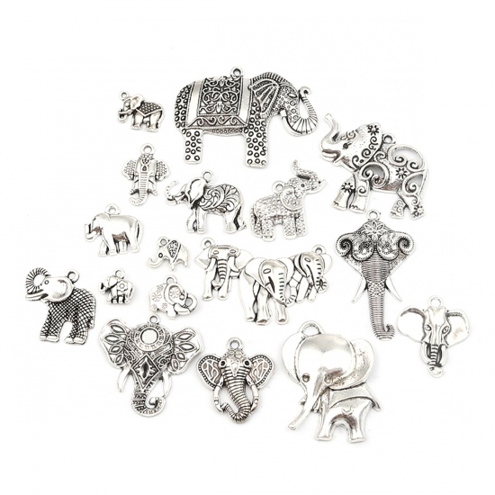 Image de Zinc Based Alloy Pendants Elephant Animal Antique Silver Color Mixed 49mm x 38mm - 12mm x 12mm, 1 Set ( 17 PCs/Set)