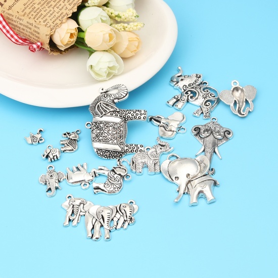 Image de Zinc Based Alloy Pendants Elephant Animal Antique Silver Color Mixed 49mm x 38mm - 12mm x 12mm, 1 Set ( 17 PCs/Set)