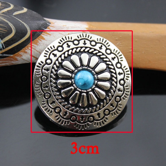 Picture of Zinc Based Alloy & Acrylic Metal Snap Fastener Buttons Round Blue Flower Carved Imitation Turquoise 30mm Dia., 2 PCs
