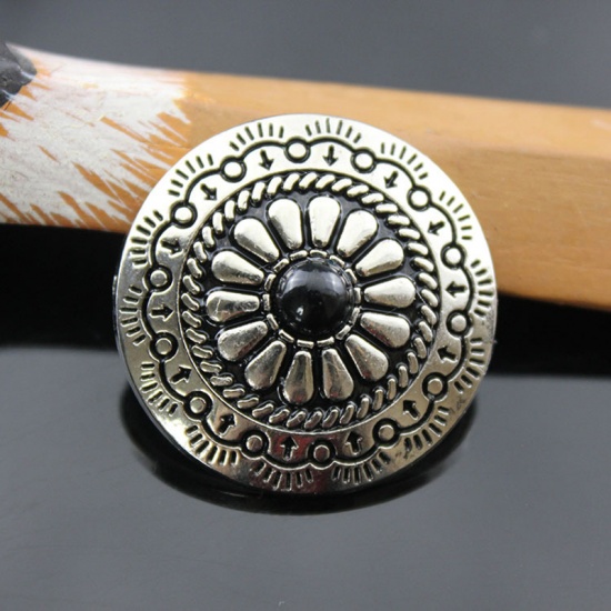Immagine di Lega di Zinca + Acrilato Metallo Bottone a Pressione Tondo Nero Fiore Disegno Turchese Imitato 30mm Dia, 2 Pz