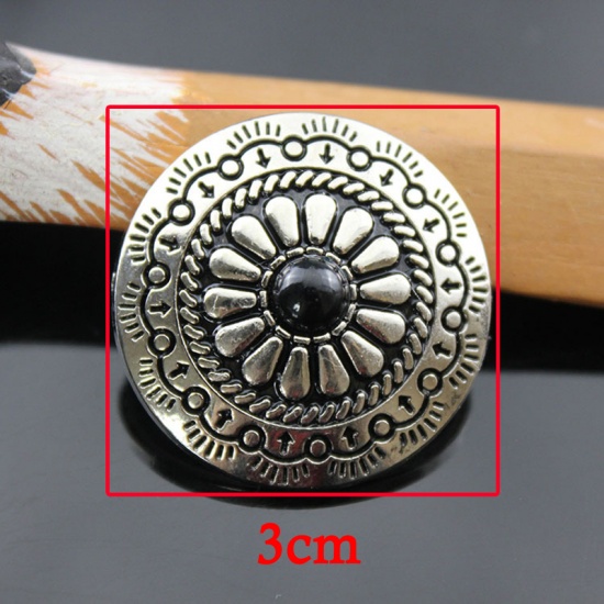 Picture of Zinc Based Alloy & Acrylic Metal Snap Fastener Buttons Round Black Flower Carved Imitation Turquoise 30mm Dia., 2 PCs
