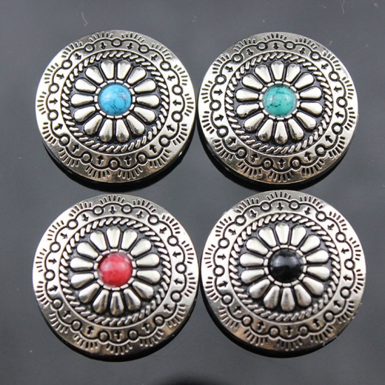 Picture of Zinc Based Alloy & Acrylic Metal Snap Fastener Buttons Round Black Flower Carved Imitation Turquoise 30mm Dia., 2 PCs