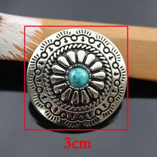 Picture of Zinc Based Alloy & Acrylic Metal Snap Fastener Buttons Antique Silver Color Green Round Flower Imitation Turquoise 30mm Dia., 2 PCs