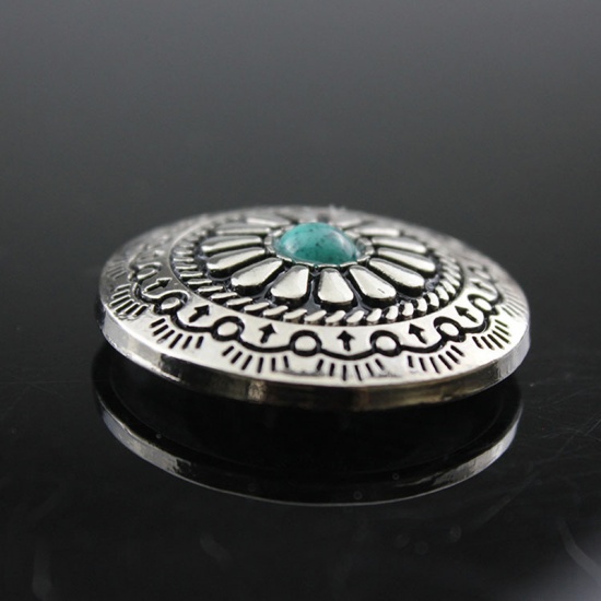 Picture of Zinc Based Alloy & Acrylic Metal Snap Fastener Buttons Antique Silver Color Green Round Flower Imitation Turquoise 30mm Dia., 2 PCs