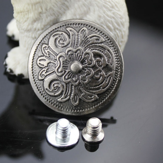 Picture of Zinc Based Alloy & Acrylic Metal Snap Fastener Buttons Round Antique Silver Color Flower Carved 26mm Dia., 2 PCs