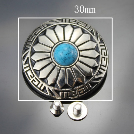 Picture of Zinc Based Alloy & Acrylic Metal Snap Fastener Buttons Round Blue Chrysanthemum Flower Carved Imitation Turquoise 30mm Dia., 2 PCs