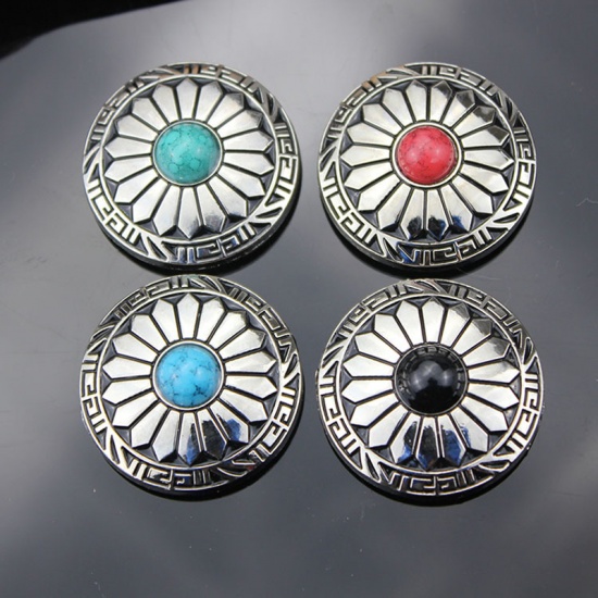 Picture of Zinc Based Alloy & Acrylic Metal Snap Fastener Buttons Round Red Chrysanthemum Flower Carved Imitation Turquoise 30mm Dia., 2 PCs
