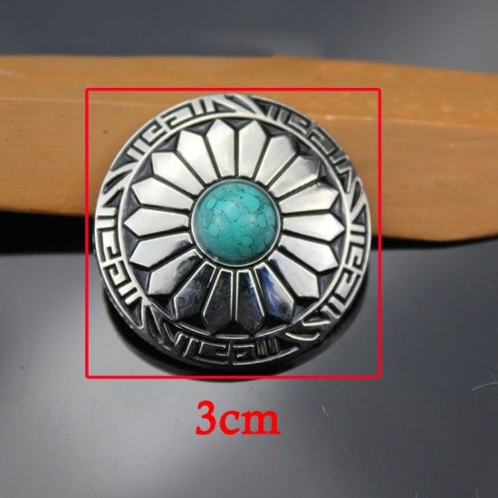 Immagine di Lega di Zinca + Acrilato Metallo Bottone a Pressione Tondo Verde Blu Camelia Disegno Turchese Imitato 30mm Dia, 2 Pz