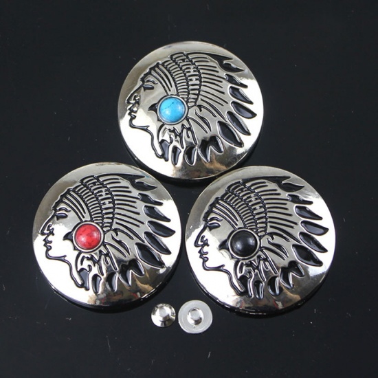 Picture of Zinc Based Alloy & Acrylic Metal Snap Fastener Buttons Indian Chief Blue Round Carved Imitation Turquoise 30mm Dia., 2 PCs