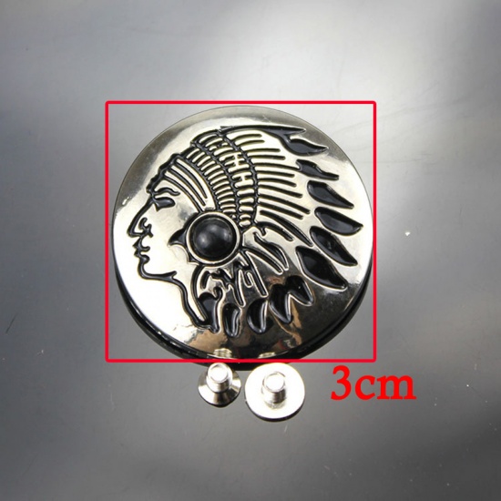 Picture of Zinc Based Alloy & Acrylic Metal Snap Fastener Buttons Indian Chief Black Round Carved Imitation Turquoise 30mm Dia., 2 PCs