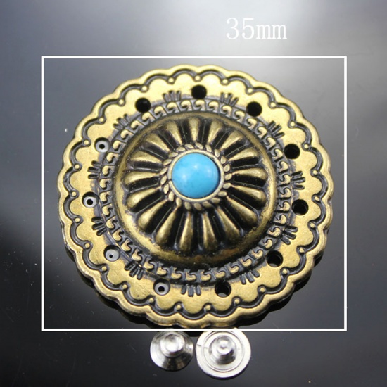 Immagine di Lega di Zinca + Acrilato Metallo Bottone a Pressione Tondo Colore di Ottone Blu Turchese Imitato 35mm Dia, 2 Pz
