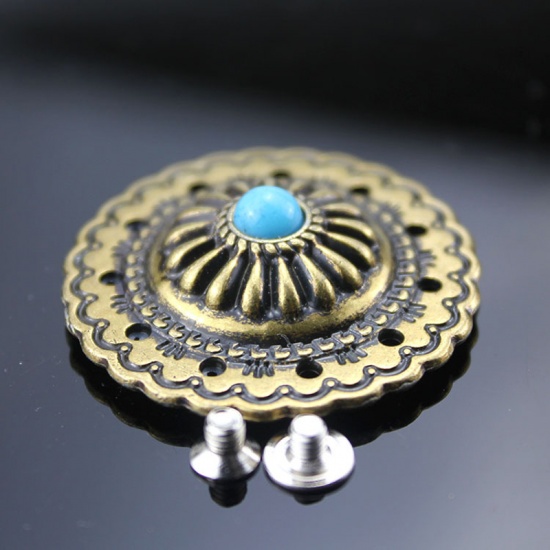 Picture of Zinc Based Alloy & Acrylic Metal Snap Fastener Buttons Round Brass Color Blue Imitation Turquoise 35mm Dia., 2 PCs