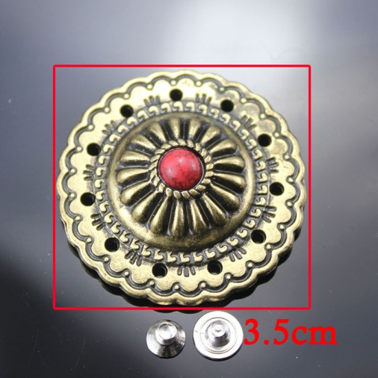 Picture of Zinc Based Alloy & Acrylic Metal Snap Fastener Buttons Round Brass Color Red Imitation Turquoise 35mm Dia., 2 PCs