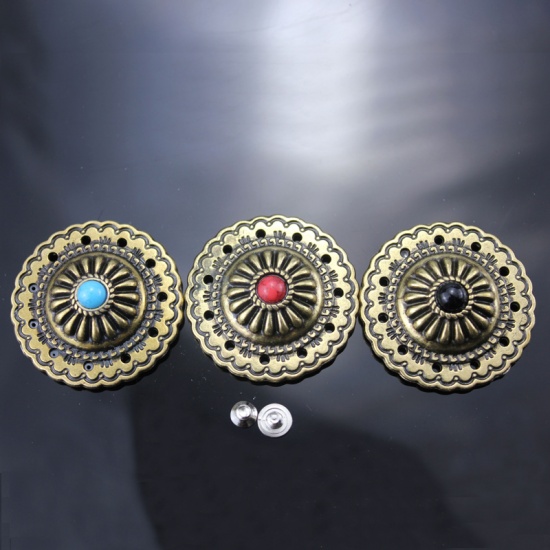 Picture of Zinc Based Alloy & Acrylic Metal Snap Fastener Buttons Round Brass Color Red Imitation Turquoise 35mm Dia., 2 PCs