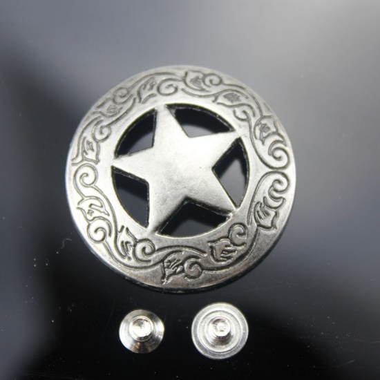 Picture of Zinc Based Alloy & Acrylic Metal Snap Fastener Buttons Round Antique Silver Color Pentagram Star Carved 28mm Dia., 2 PCs