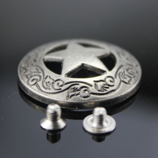 Picture of Zinc Based Alloy & Acrylic Metal Snap Fastener Buttons Round Antique Silver Color Pentagram Star Carved 28mm Dia., 2 PCs